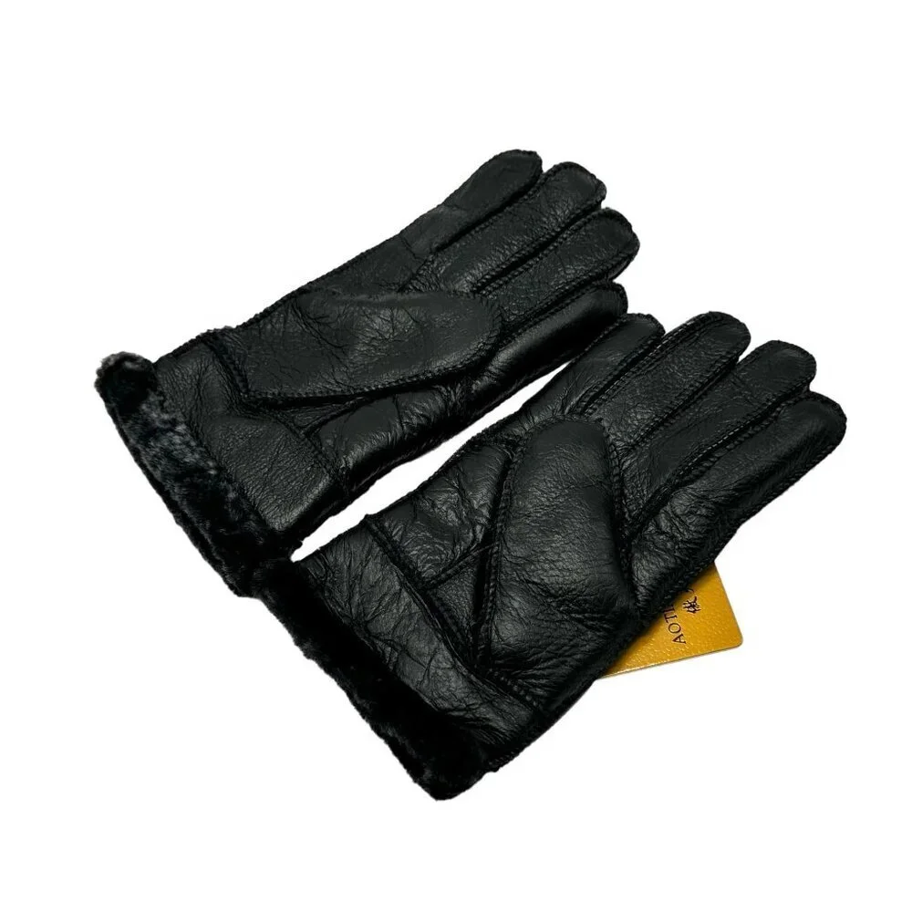 NWT Women’s Shearling Gloves Sz 7 Black Leather Sheepskin Fur Lining